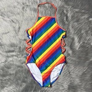T&B Girls Rainbow Stripe Side Cut Out One Piece Swimsuit Size 14